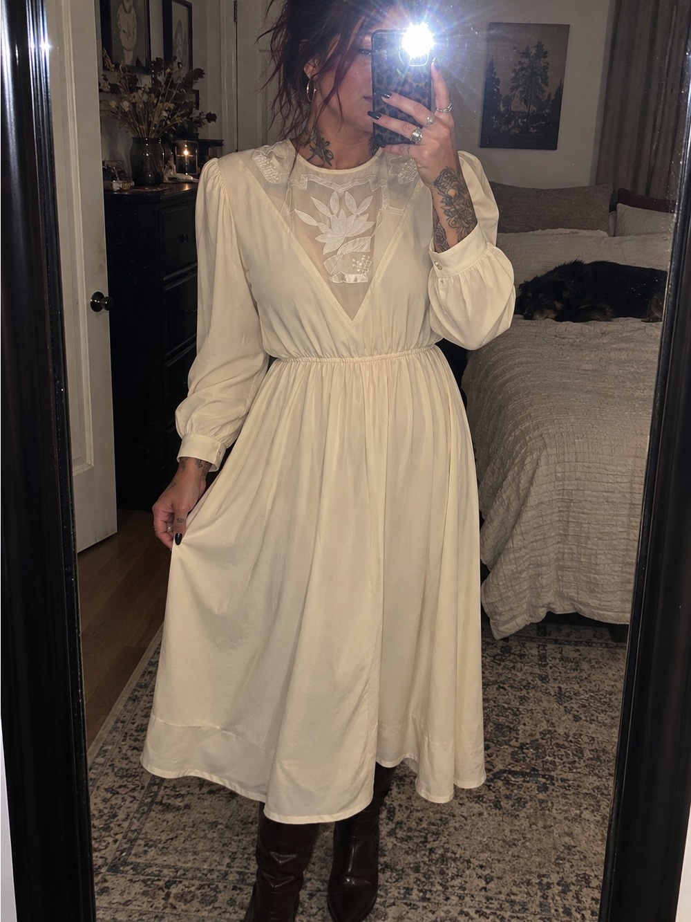 Michelle Stuart Ivory Lace-Inset Midi Dress